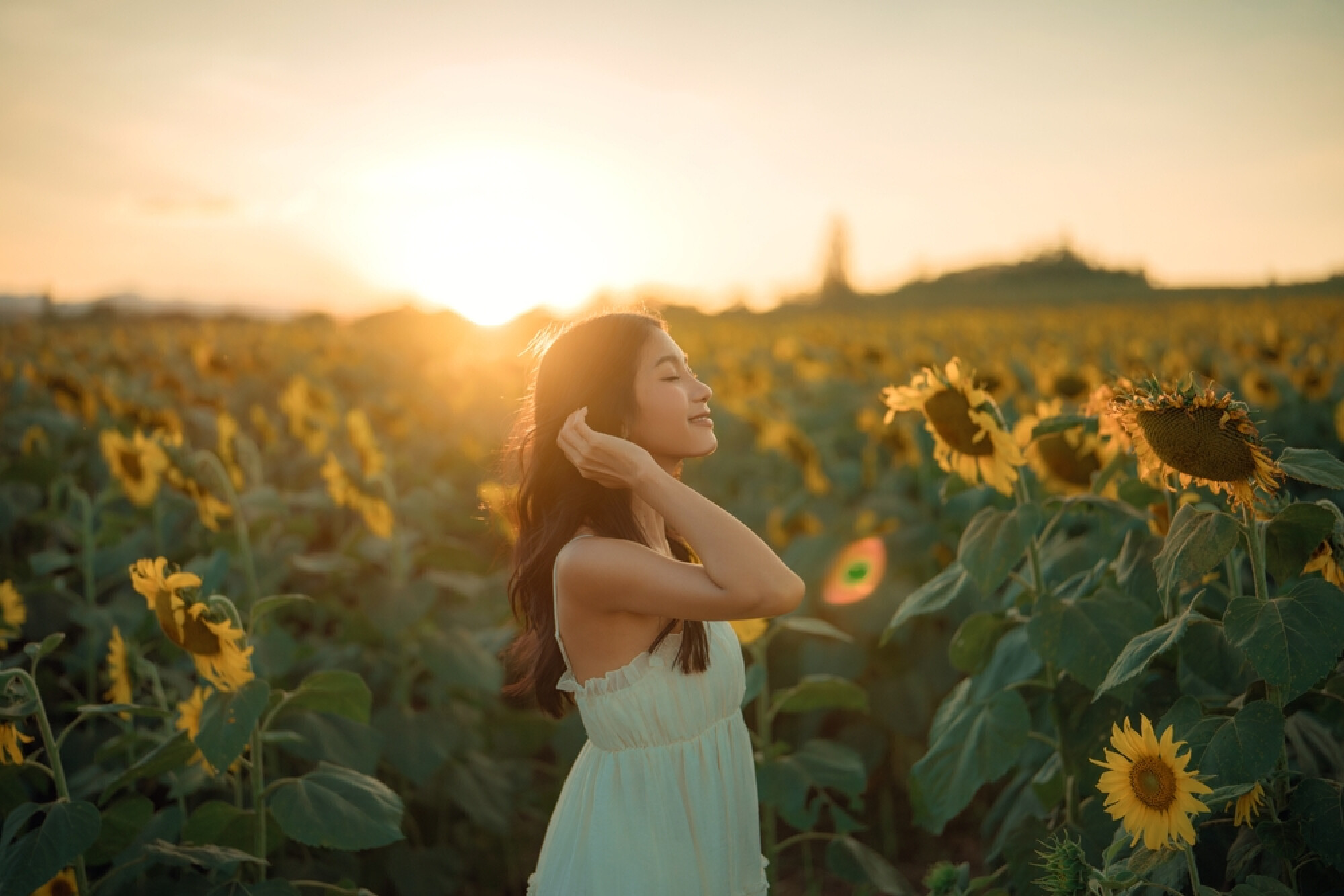 在向田葵花田感受大自然氣息，展現了走出戶外，享受新鮮空氣和美景，有助於釋放壓力