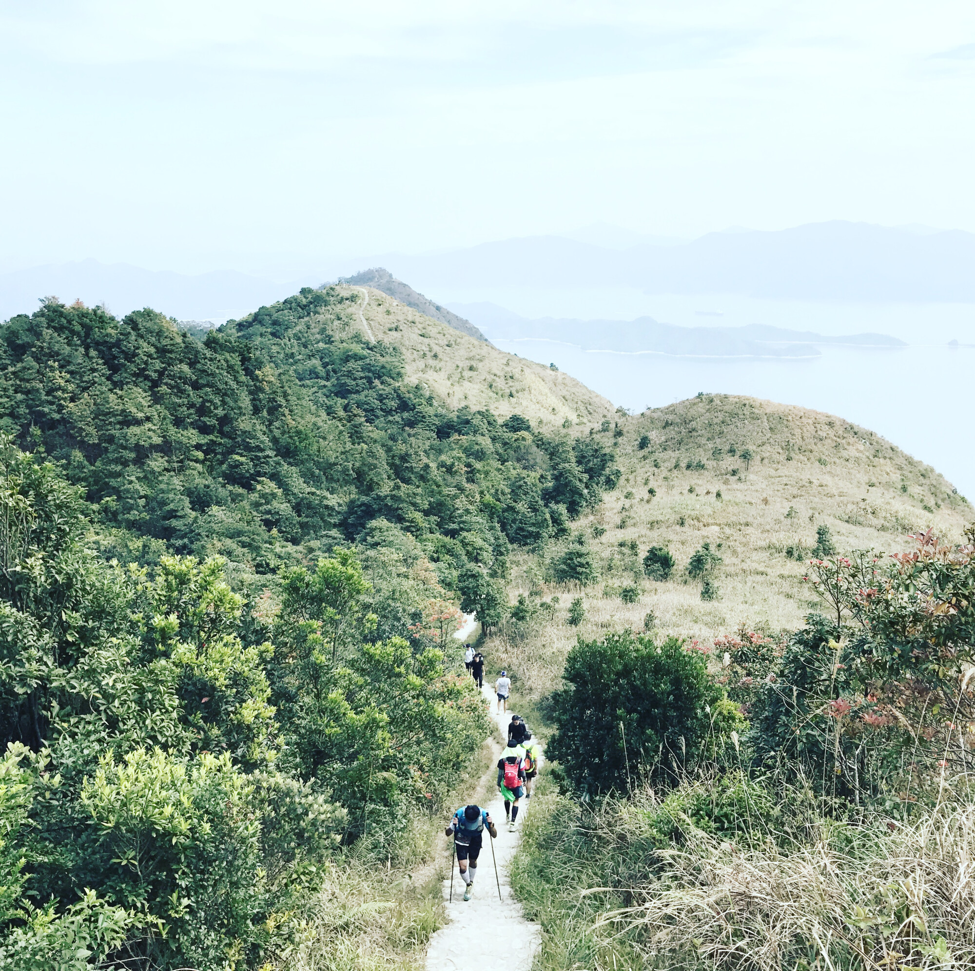 一群登山客沿著崎嶇的山路攀登，大家背著背包，裝備齊全。