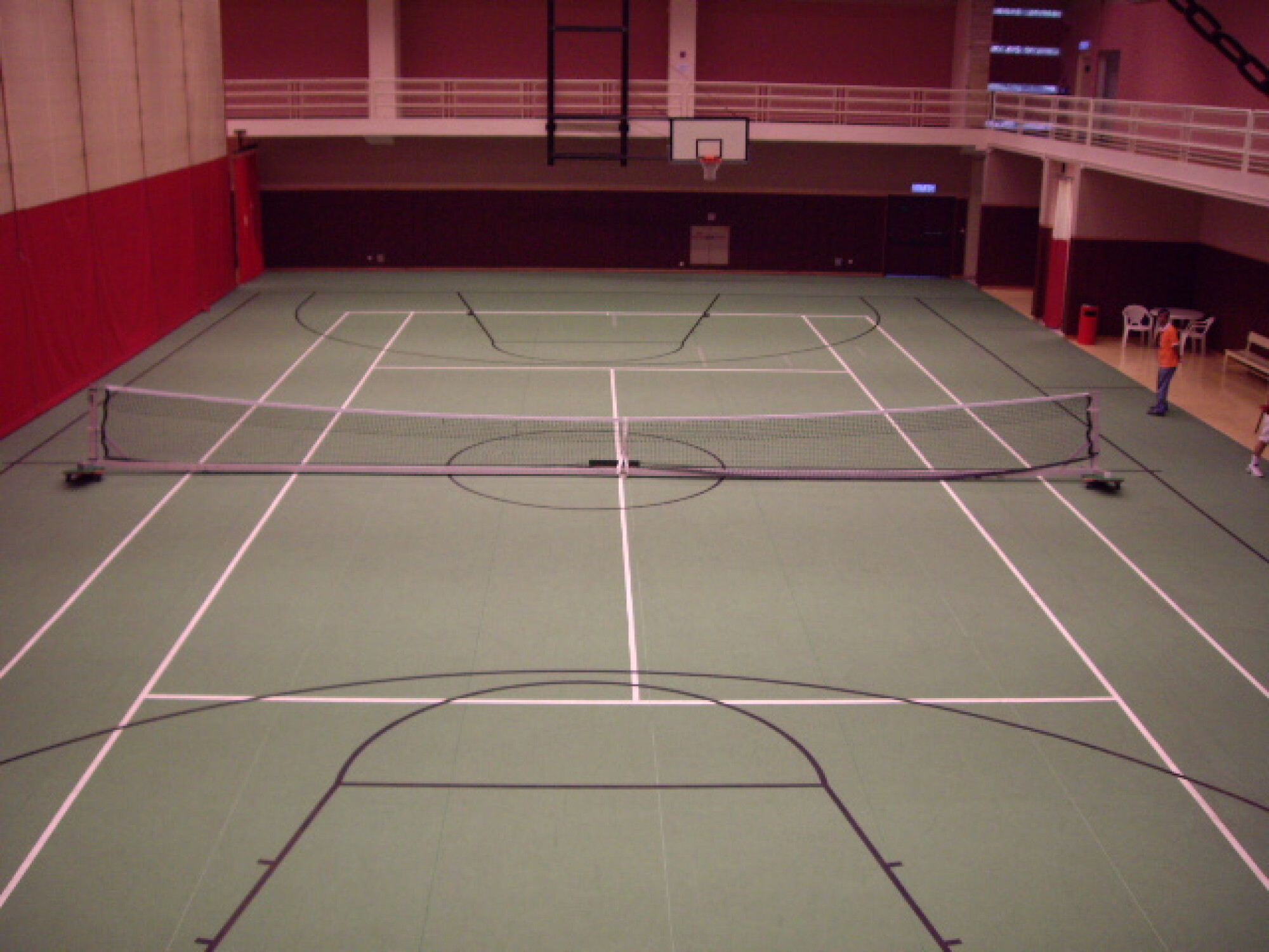 北葵涌鄧肇堅體育館內已架設球網的室內網球場實景，顯示寬敞的綠色場地空間。