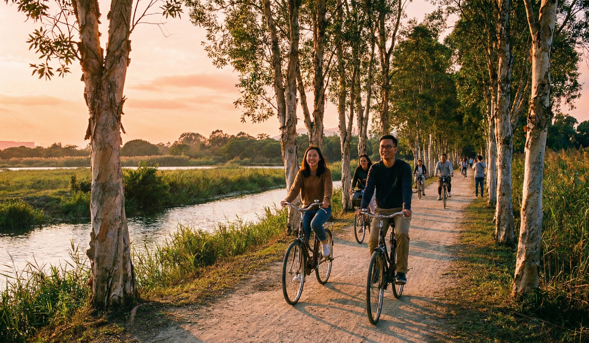  一群單車騎士在夕陽金光下的林蔭大道悠閒騎行，道路兩旁種滿高大的白千層樹，營造出溫馨的戶外郊遊氛圍。