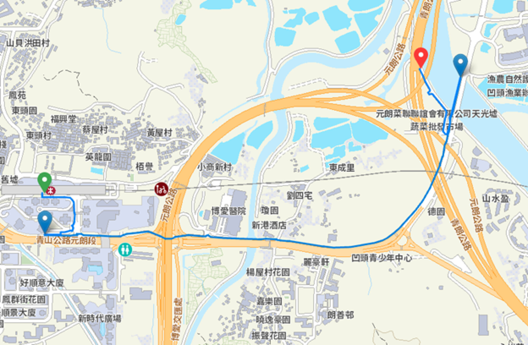 顯示元朗周邊區域的電子地圖截圖，藍色路徑標示從西鐵站附近延伸至公路的導航路線，包含起點與終點標記。