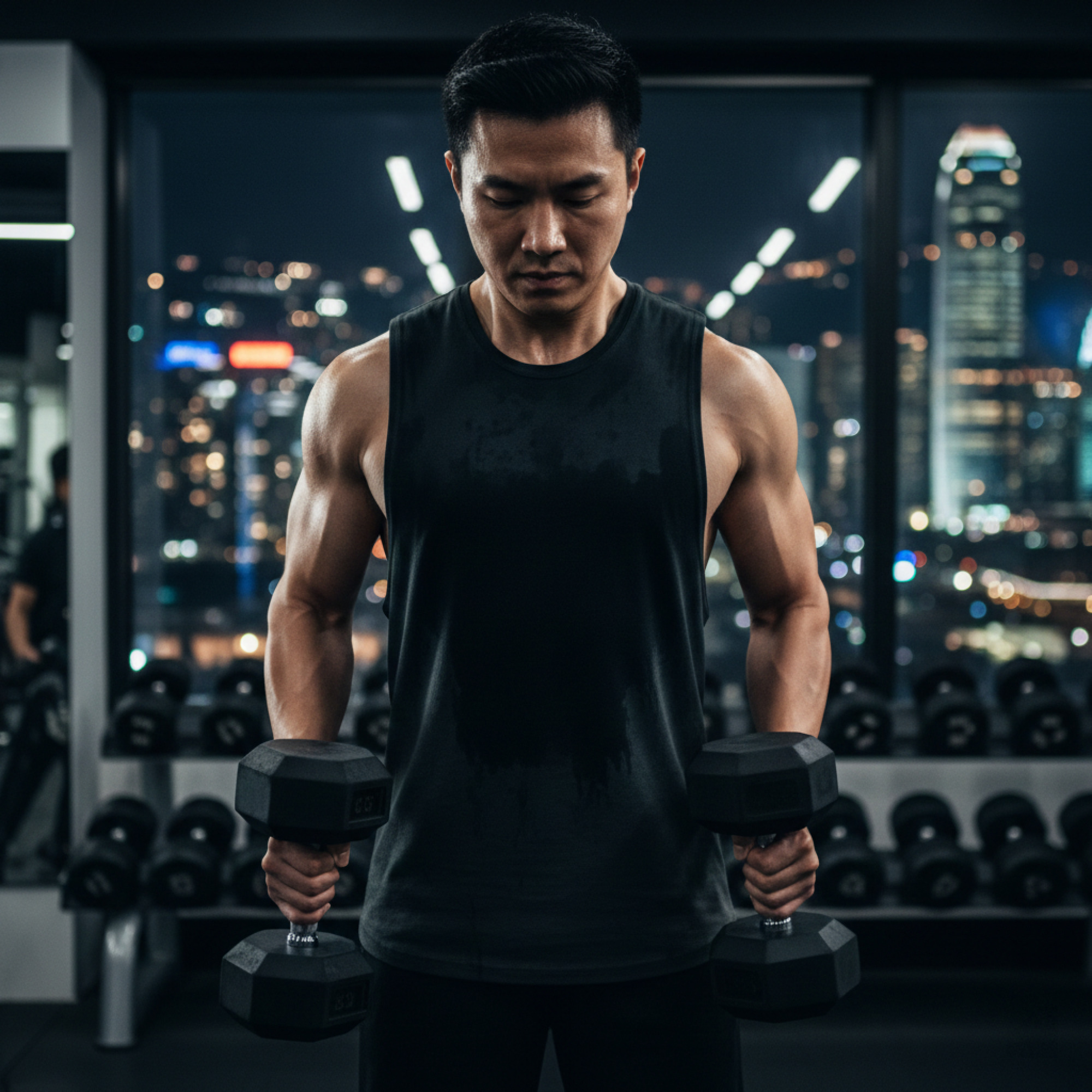 一張近距離特寫照片，主要聚焦於一位亞洲男性運動員（約30-35歲，穿著背心展示手臂肌肉）在健身房內進行農夫走路 。他雙手各提著一個沉重的啞鈴或壺鈴，手臂肌肉緊繃，背部挺直，展現出強勁的握力與核心穩定性。畫面中可以看到他堅毅的表情，背景是模糊的健身房環境，強調力量、耐力和專注。