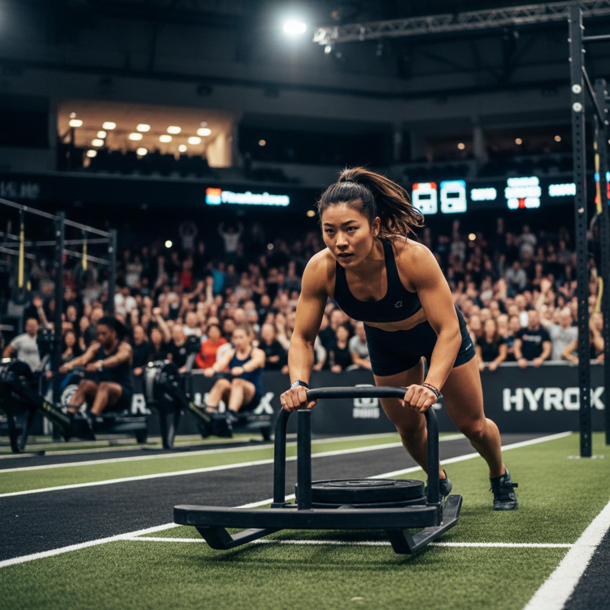 在 Hyrox 比賽的室內場館中，一名亞洲運動員（約25-35歲，女性，身穿專業運動服）正在進行推雪橇 (Sled Push) 關卡。她身體前傾，雙手推著雪橇，表情專注而堅毅，肌肉線條清晰，展現力量。背景是模糊的比賽場景，可見其他運動員在不同關卡中奮鬥，觀眾在圍欄後歡呼，整體光線明亮，充滿運動競技的激情與速度感。