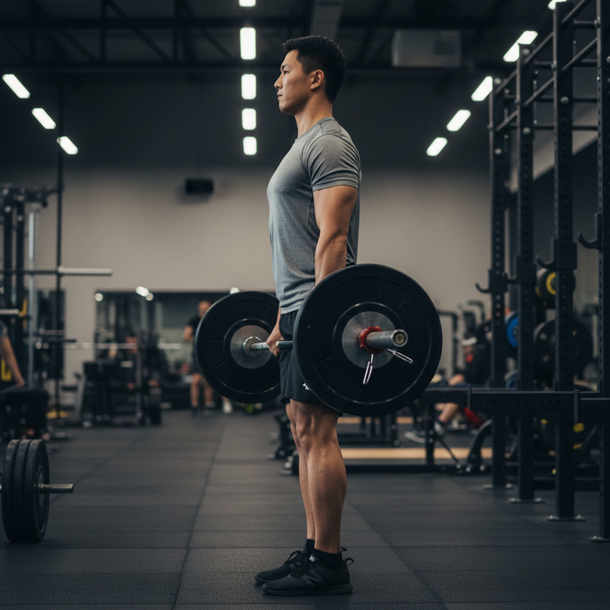 一張高品質的健身攝影照片，展示一名身材健碩的亞洲男性正在健身房內進行硬舉的站立鎖定動作。側面視角，動作極其專業。