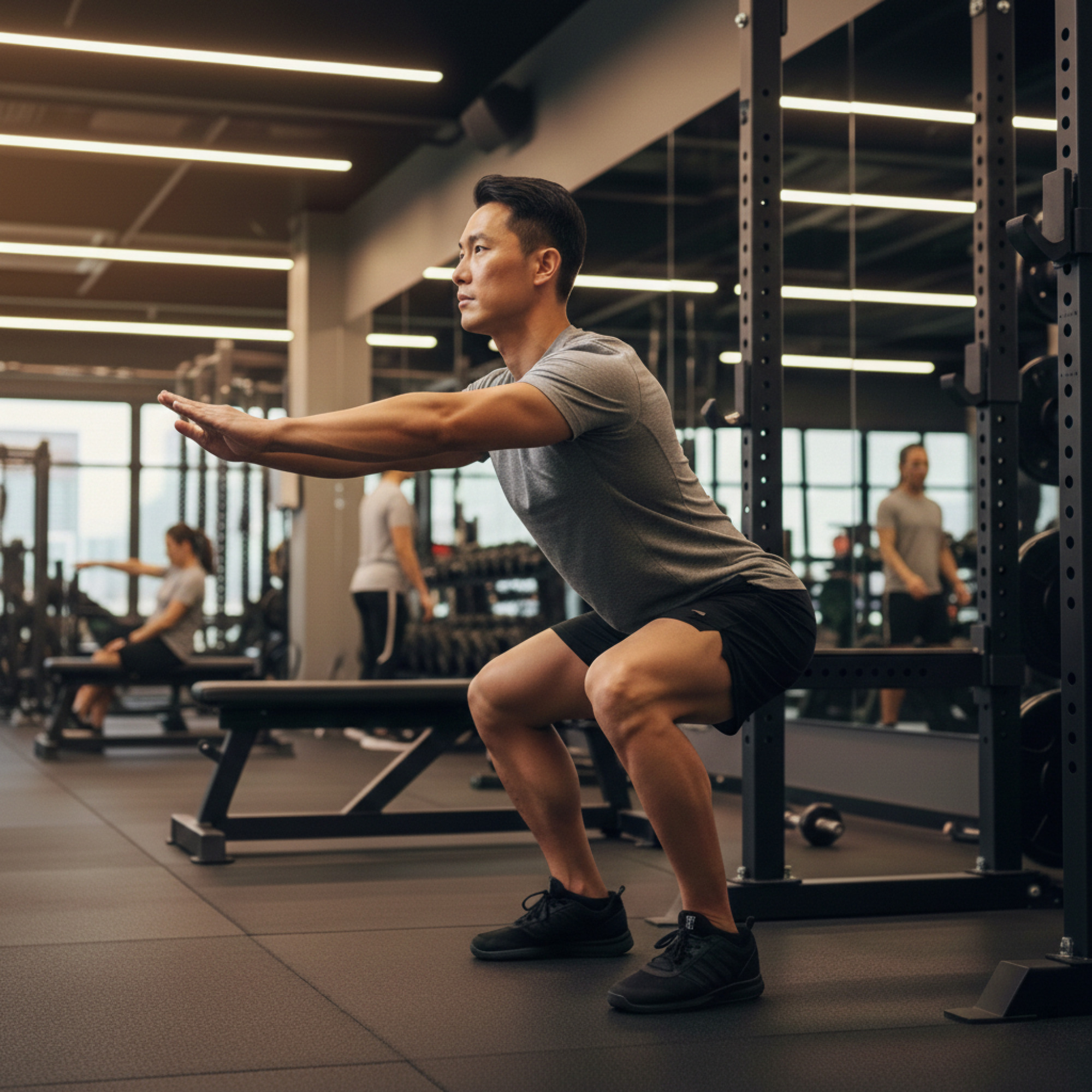 生成一張普通健身香港男性在健身房裡面做標準深蹲的照片，需要體現雙腳與肩同寬站立，臀部像坐椅子般後移下蹲，背部挺直，蹲至大腿平行地面後，腳掌發力站起