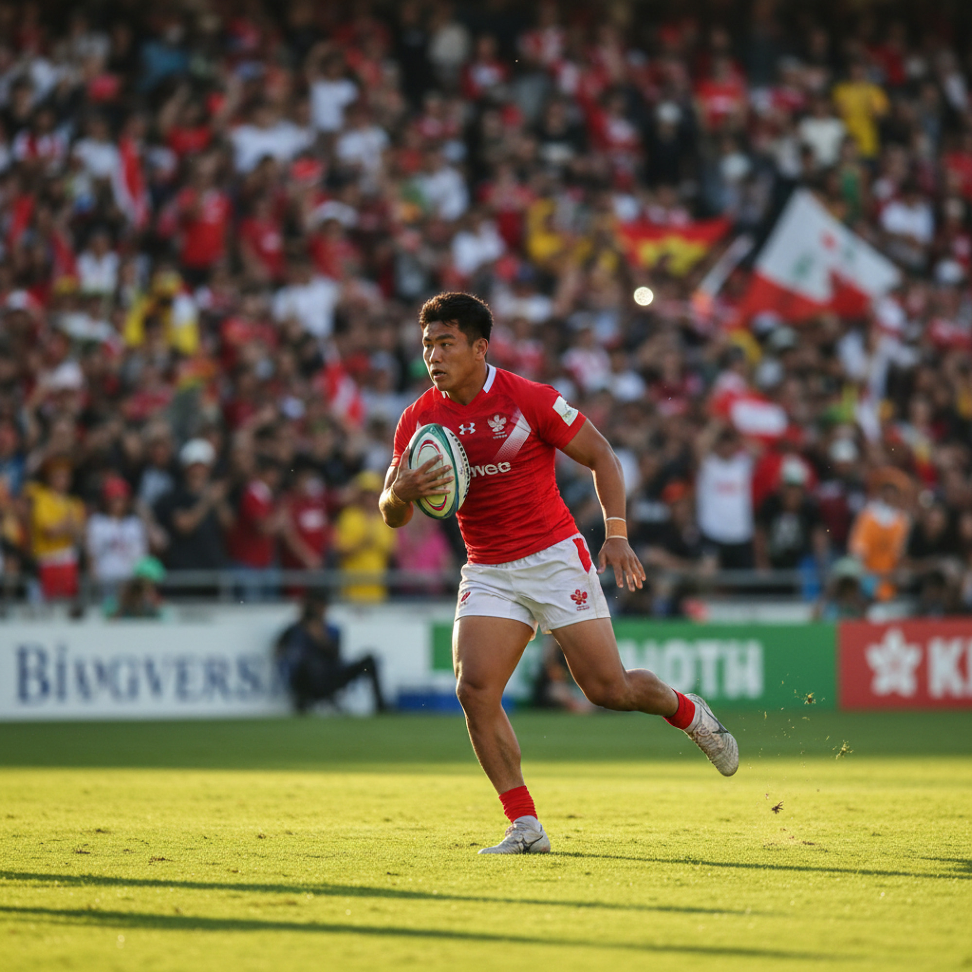 簡潔清晰的插畫風格圖解。畫面分為左右兩部分：左邊圖示一位欖球運動員（可為卡通或剪影風格）將球壓在對方達陣區的地面，標註「達陣 - 5分」；右邊圖示兩組各三名球員（同樣為卡通或剪影風格）在球場中央進行並列爭球的動作，標註「並列爭球 - 重啟比賽」。圖案線條流暢，顏色鮮明，下方可有簡短的文字說明。