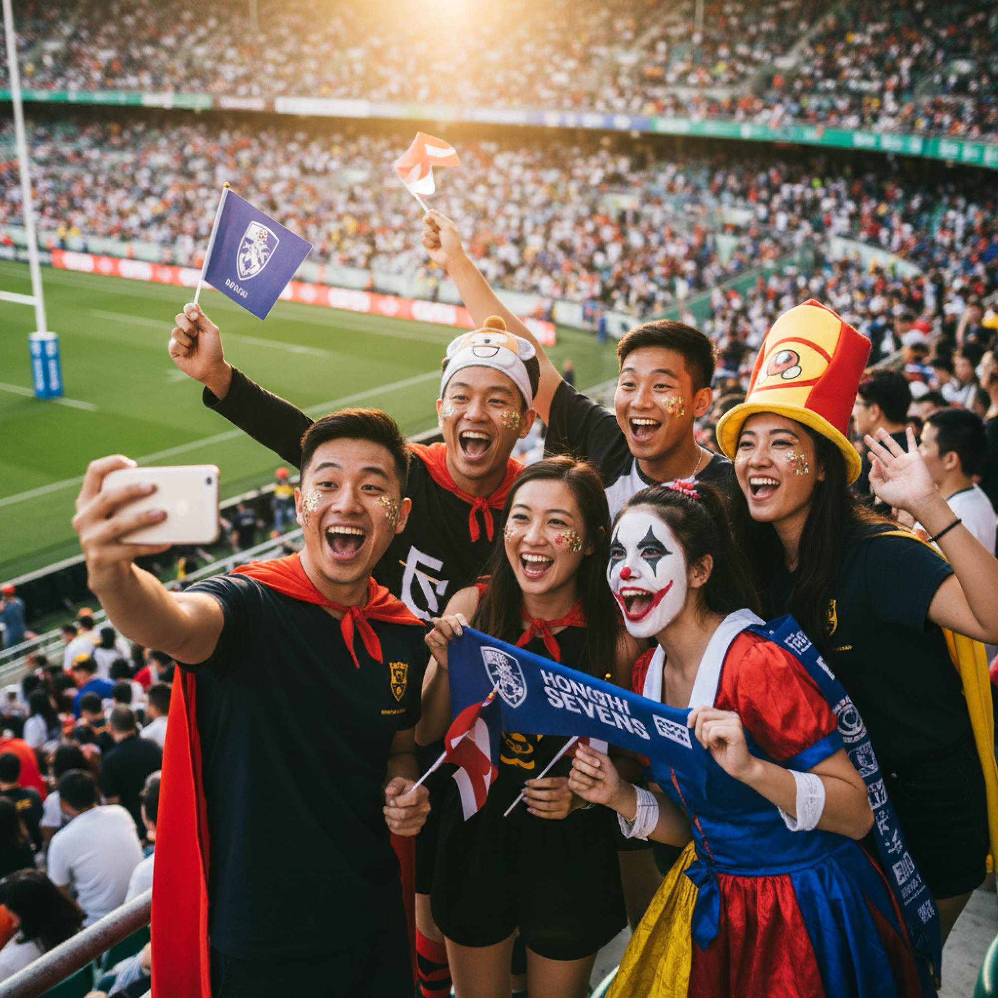 一群不同年齡層的亞洲觀眾（約4-6人），身穿色彩繽紛的奇裝異服（如超級英雄、搞怪造型），臉上塗有彩繪，手持加油棒或小旗幟，興奮地歡呼。他們舉起手機自拍，笑聲洋溢。背景是球場的一角和遠處的觀眾，展現出嘉年華般的歡樂氣氛。光線明亮，色彩鮮豔，強調活力與社群感。