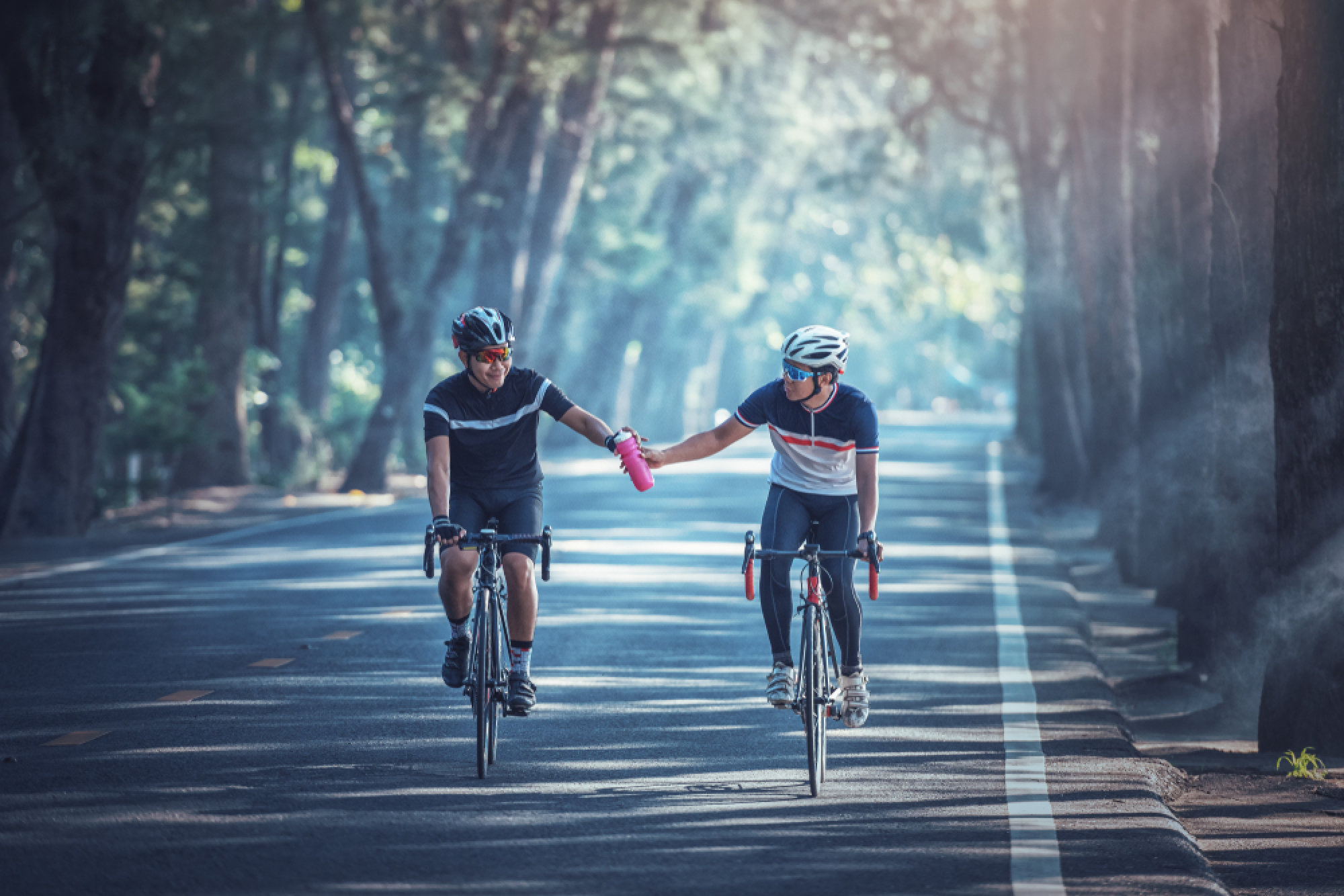 Two male cyclists are riding side-by-side on a tree-lined road, with one passing a pink water bottle to the other.