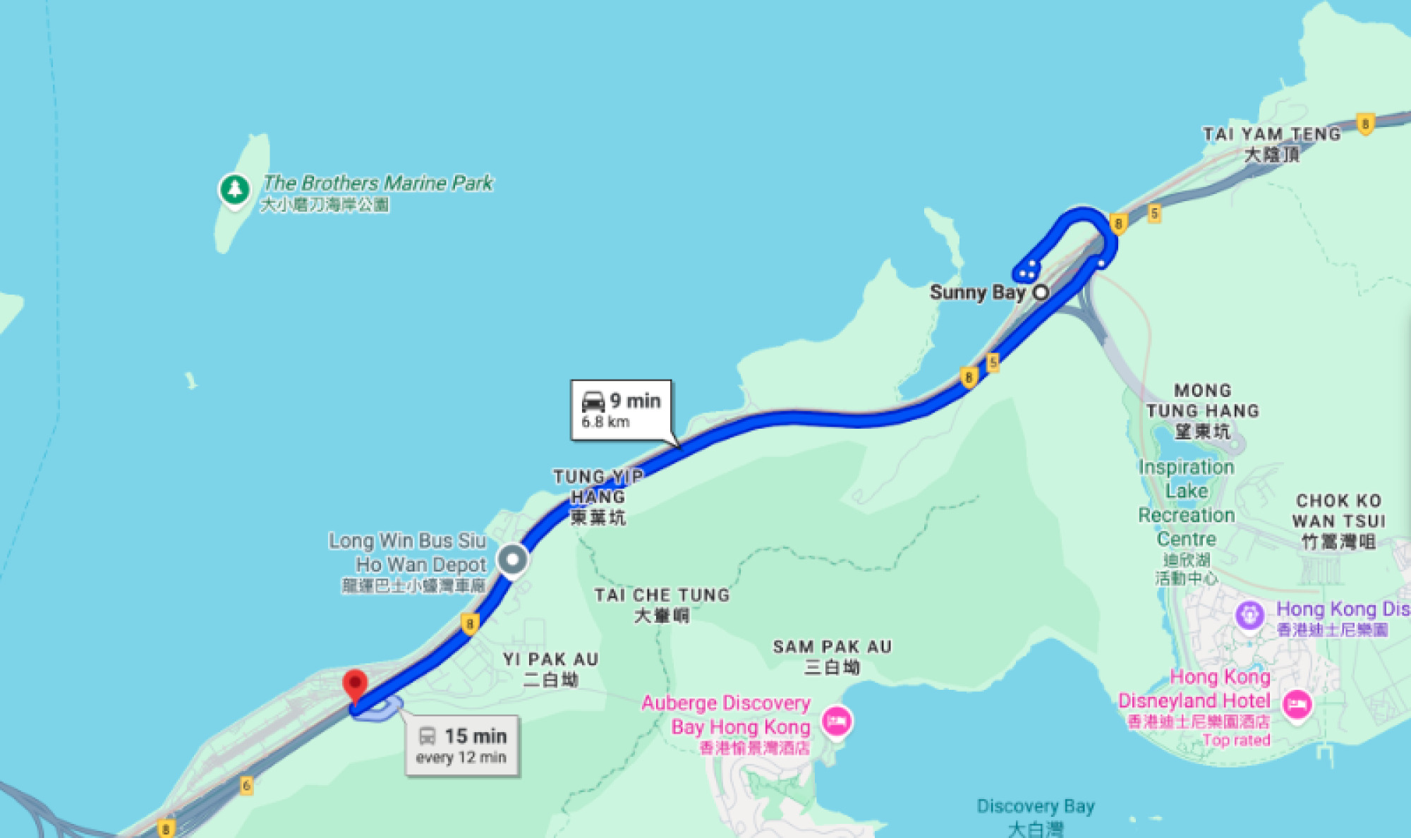 Google地圖顯示從東涌到欣澳的路線。該路線以藍色標示，顯示預計行程時間為9分鐘，距離為6.8公里。