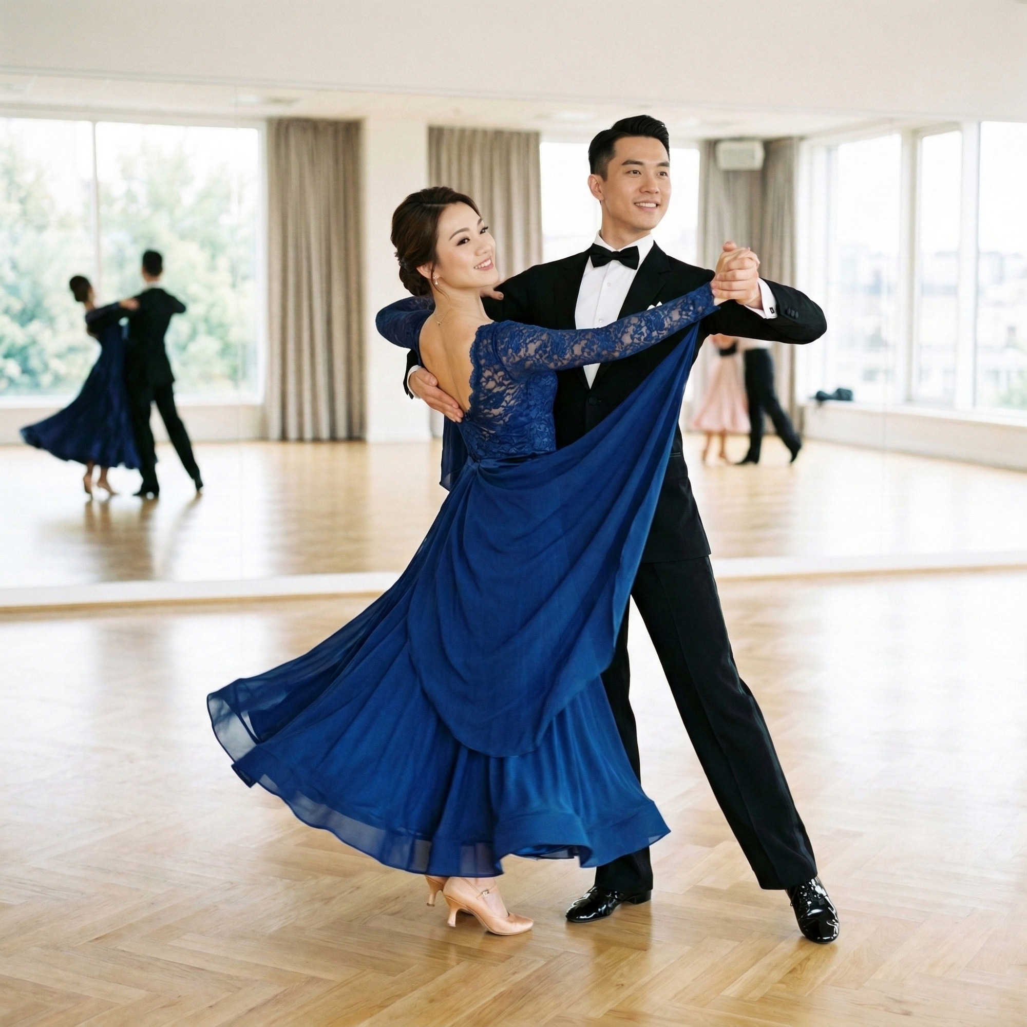 Image 1.png Two people practicing Waltz in a dance studio, showcasing an upright spine and elegant posture.