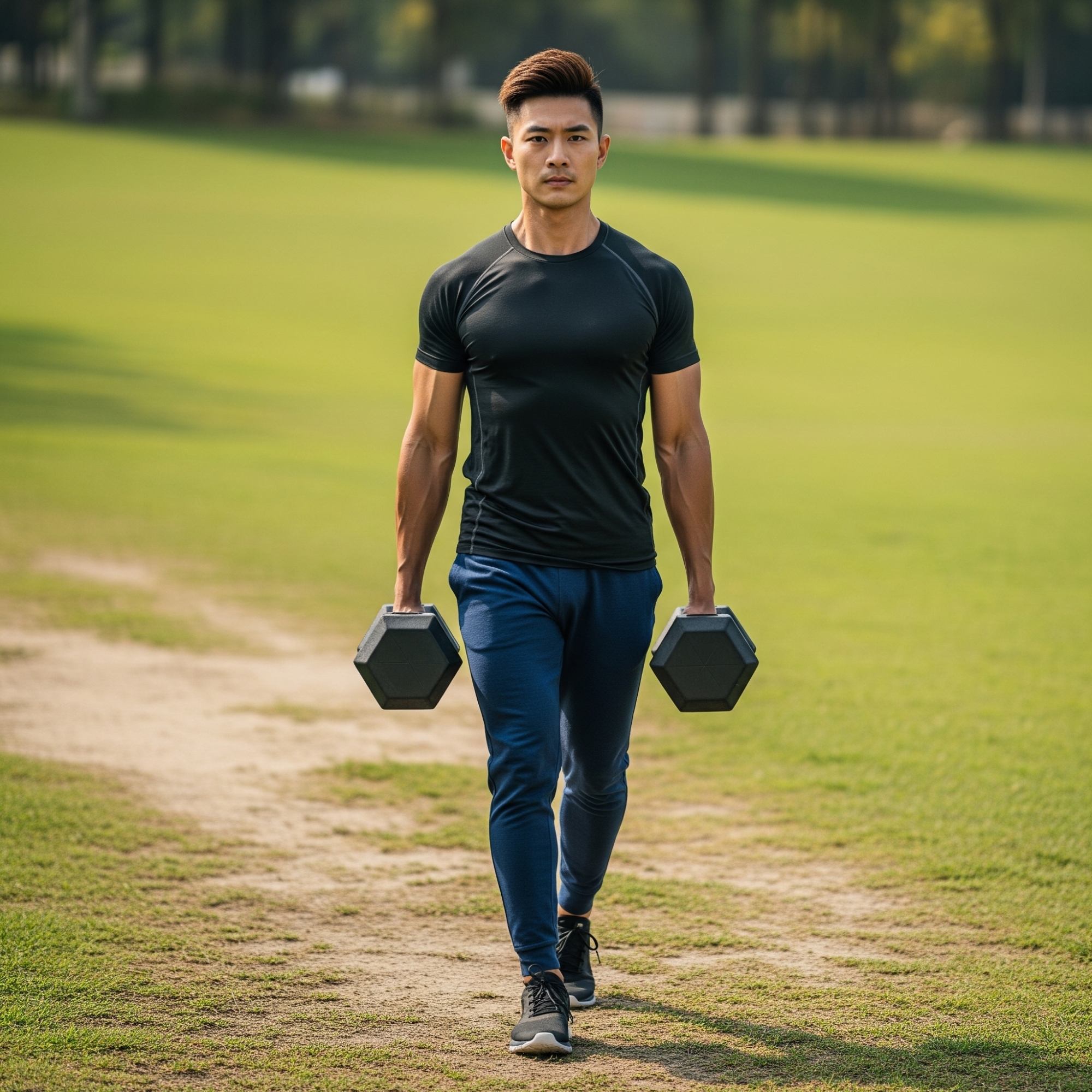 一位男士穿著運動服，雙手各提一個沉重的六角啞鈴，正在草地上進行農夫走路訓練。