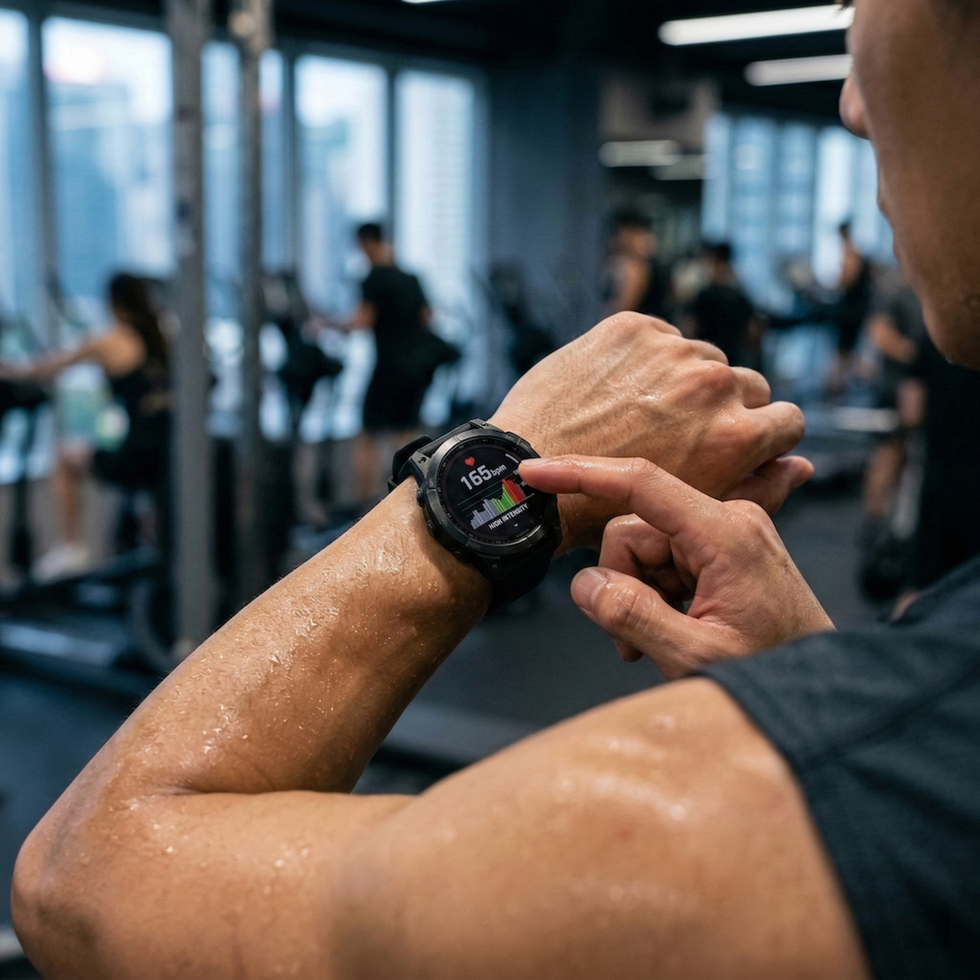 EN_Image 2.png A sports smartwatch screen displaying high heart rate values, representing the ideal heart rate zone for High-Intensity Interval Training (HIIT).