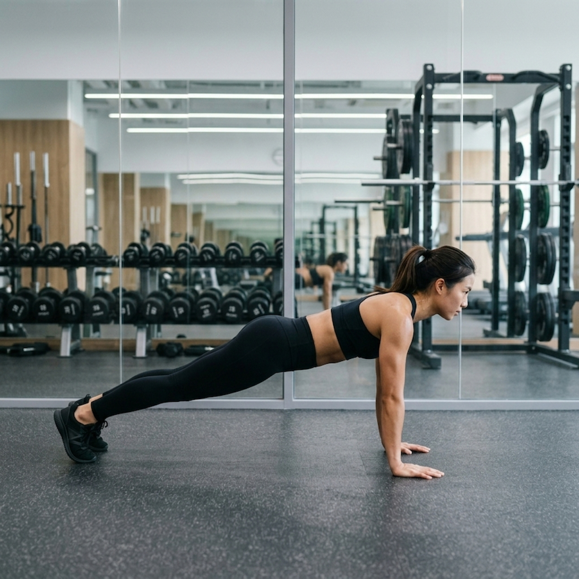 EN_Image 1.png A woman performing burpees during a High-Intensity Interval Training (HIIT) session in a Hong Kong gym.