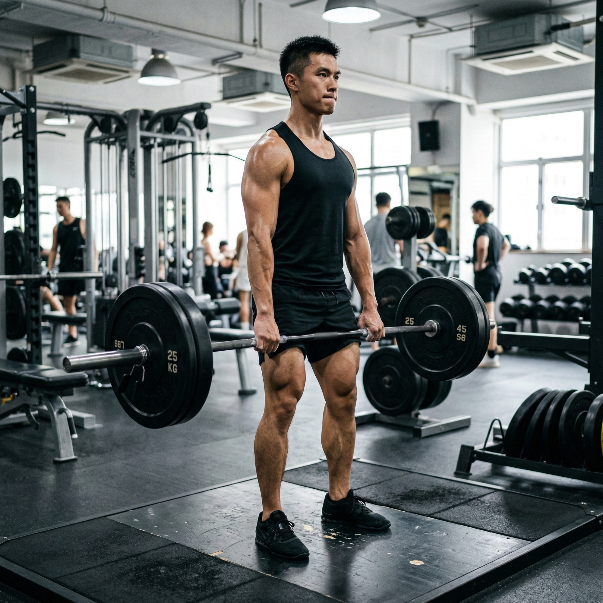 A man performing a standard barbell deadlift in a gym to train his posterior chain.