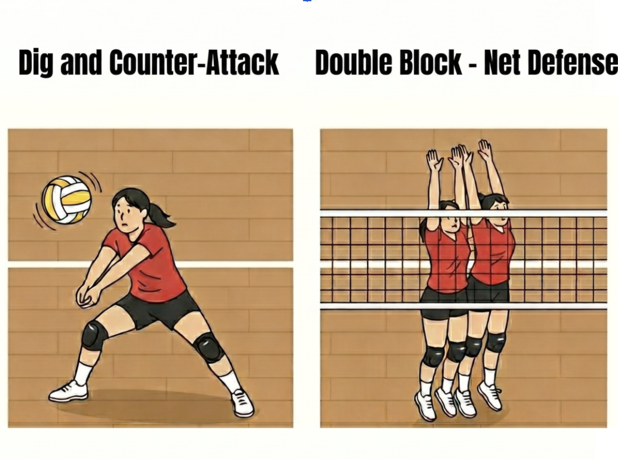 photo1.png A two-panel comic illustration in a clean, flat cartoon style. Left panel: A female volleyball player wearing a red jersey, black shorts, and kneepads, performing a forearm pass on a wooden indoor volleyball court, with the volleyball in mid-air. Right panel: Two female volleyball players in identical team uniforms jumping to block at the net in front of them. The background features simple wooden flooring and walls, with clean artwork, minimalist details, and clear, friendly character designs.